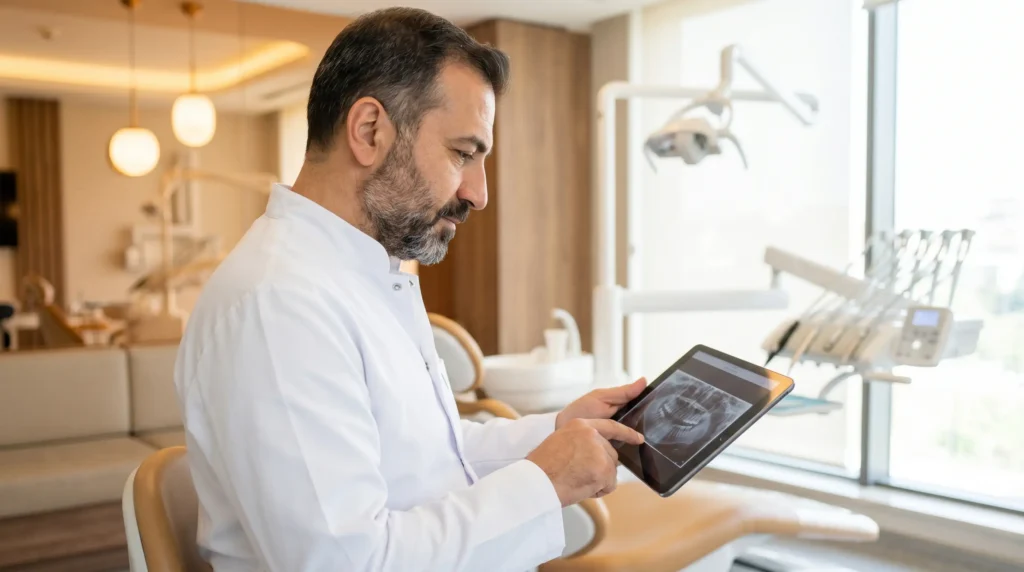 Diş klinik ortamında tablet ile röntgen inceleyen Türk diş hekimi