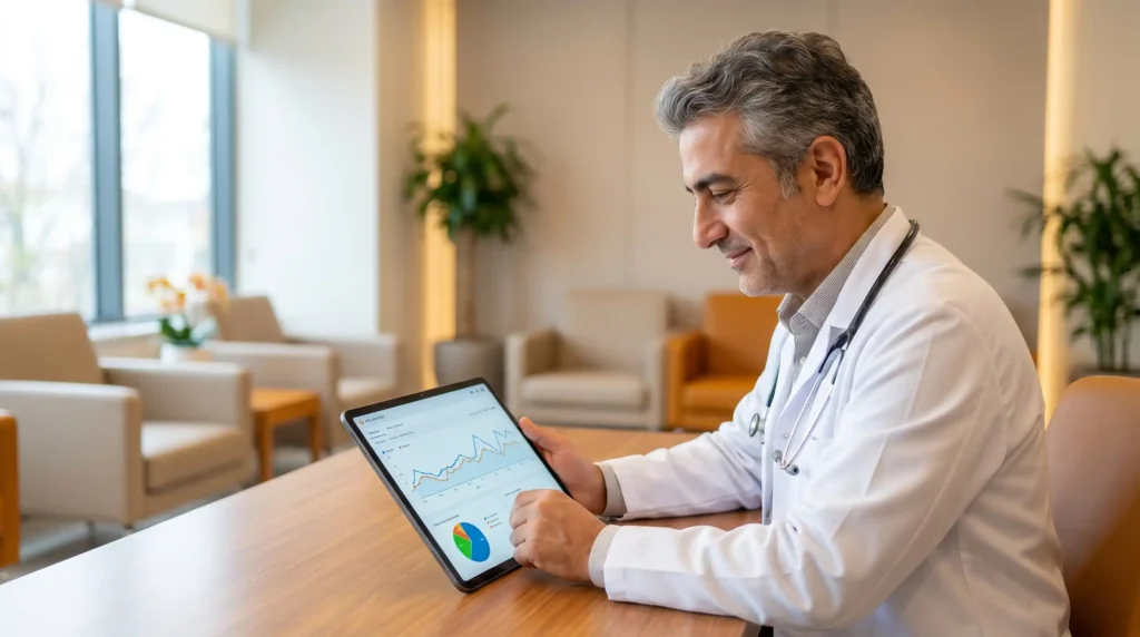 Hekim ofisinde tablet ile arama sonuclarini inceleyen doktor