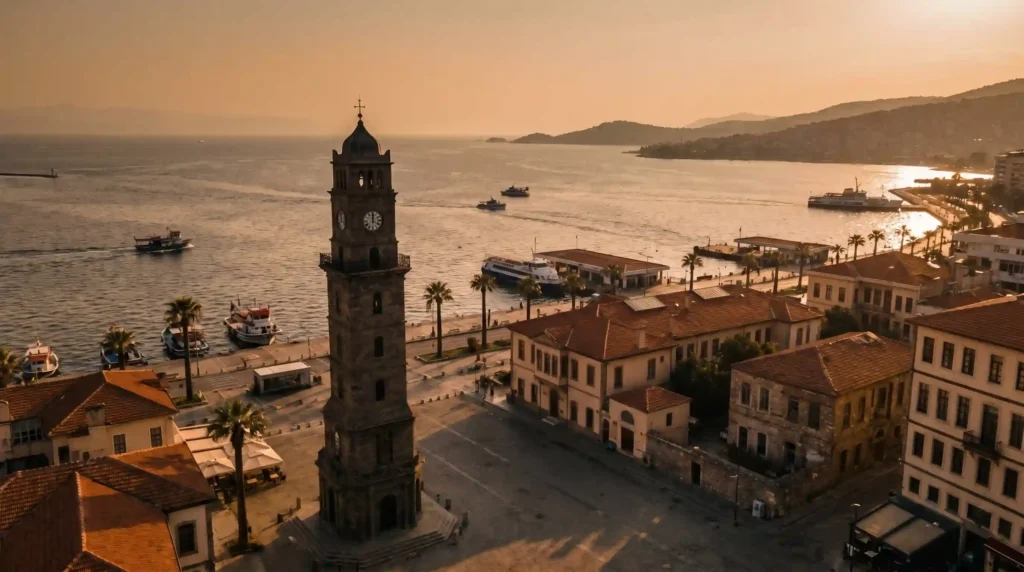 Konak İzmir Saat Kulesi ve Ege kıyısı altın saat manzarası